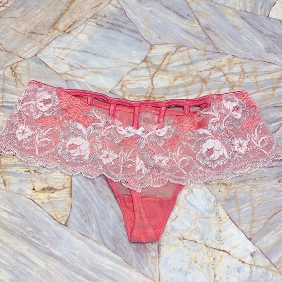 Seduction Floral Wide Waist Band Lace Up Thong Beige Orange Pink Small
